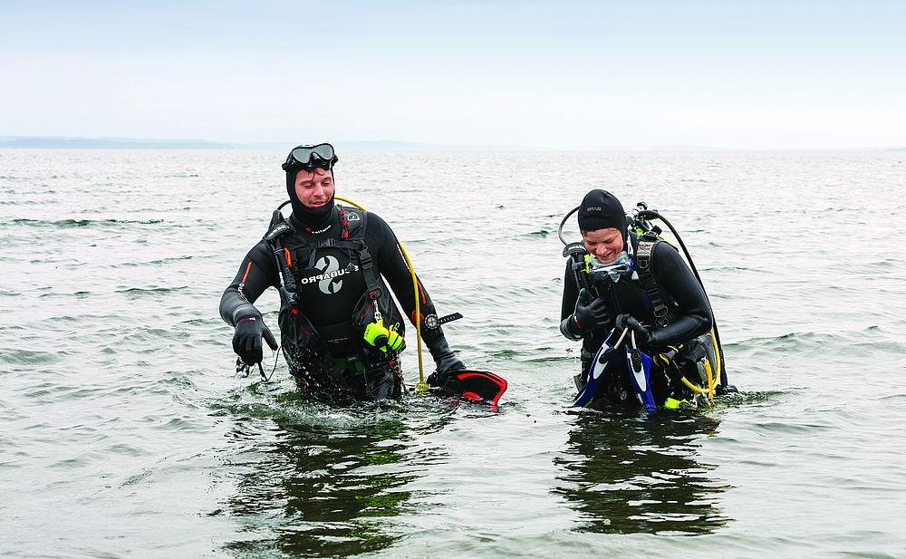 Scuba divers walk into the ocean with research gear
